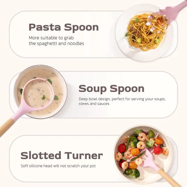 Alt view image 6 of 7 - Kitchen Utensils set, 39 PCS Silicone Cooking Utensils Set with Wooden Handle, 446°F Heat Resistant Food Grade Utensil Sets, BPA Free Kitchen Gadgets Tools Set for Nonstick Cookware (Pink)