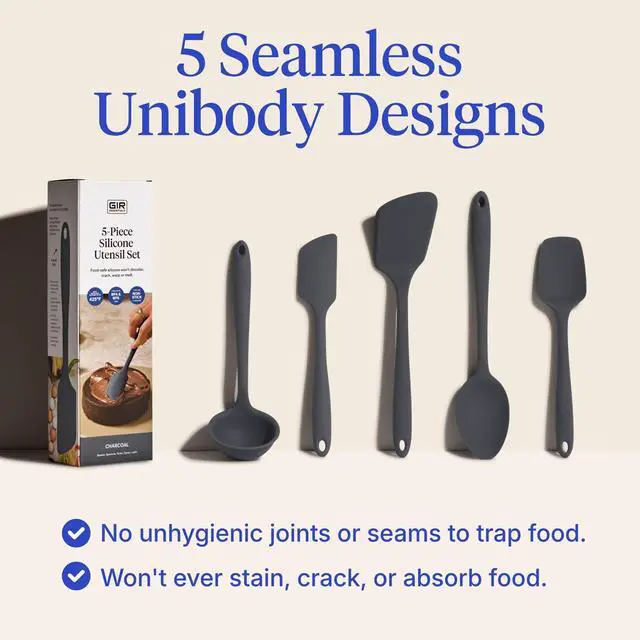 Alt view image 3 of 7 - Silicone Kitchen Utensils Set, Non-Toxic Cooking Utensils for Cooking and Baking, Heat Resistant, Food Grade, Dishwasher Safe Rubber Spatula, Ladle, Spoon - Charcoal