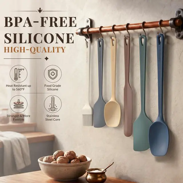Alt view image 4 of 7 - Piece Silicone Spatula Set, 560°F Heat Resistant Rubber Spatulas with Stainless Steel Core, Nonstick Safe & Dishwasher Safe Baking Spatula Set for Cooking & Mixing, Morandi Earth Colors