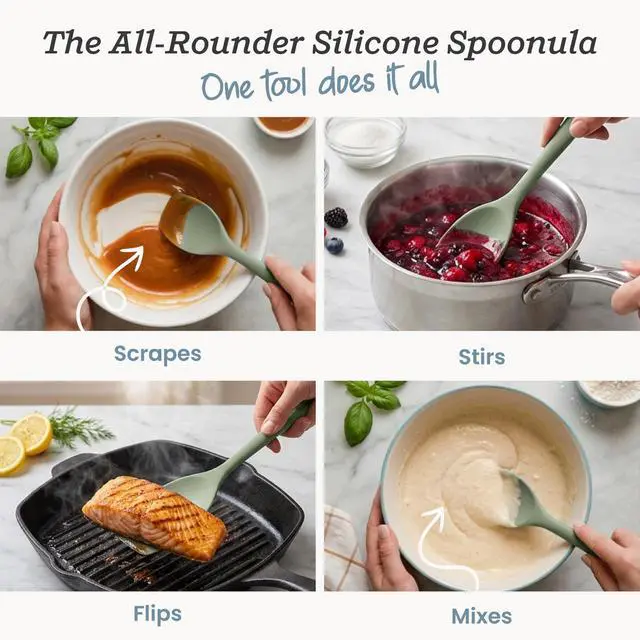 Alt view image 2 of 7 - LFGB Spoon Spatula, 600°F Heat Resistant, BPA-Free - One-Piece Seamless, Dishwasher Safe - for Nonstick Cookware, Sage Green