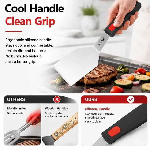 Alt view image 4 of 7 - 2Pcs Stainless Steel Spatula Set, Metal Turners for Kitchen Use, Metal Cooking Utensils for Cast Iron Skillet with Silicone Handle, Spatula Flipper for Frying Egg, Brownie, Cookies or Pancake