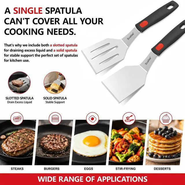 Alt view image 7 of 7 - 2Pcs Stainless Steel Spatula Set, Metal Turners for Kitchen Use, Metal Cooking Utensils for Cast Iron Skillet with Silicone Handle, Spatula Flipper for Frying Egg, Brownie, Cookies or Pancake