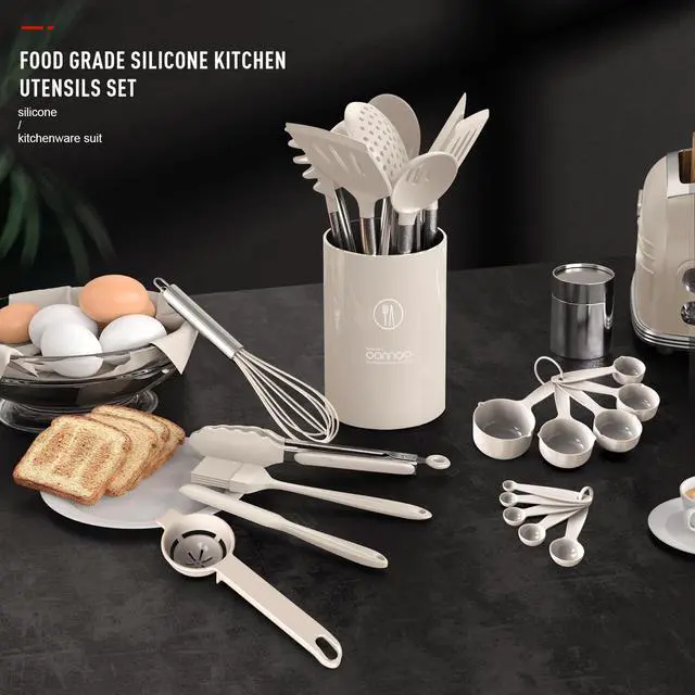 Alt view image 3 of 7 - Large Silicone Cooking Utensils Set - Heat Resistant Kitchen Utensils,Turner Tongs,Spatula,Spoon,Brush,Whisk,Stainless Steel Cooking Tool for Nonstick Cookware,Dishwasher Safe (Khaki)