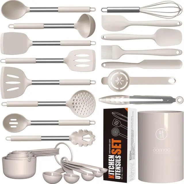 Main image of Large Silicone Cooking Utensils Set - Heat Resistant Kitchen Utensils,Turner Tongs,Spatula,Spoon,Brush,Whisk,Stainless Steel Cooking Tool for Nonstick Cookware,Dishwasher Safe (Khaki)