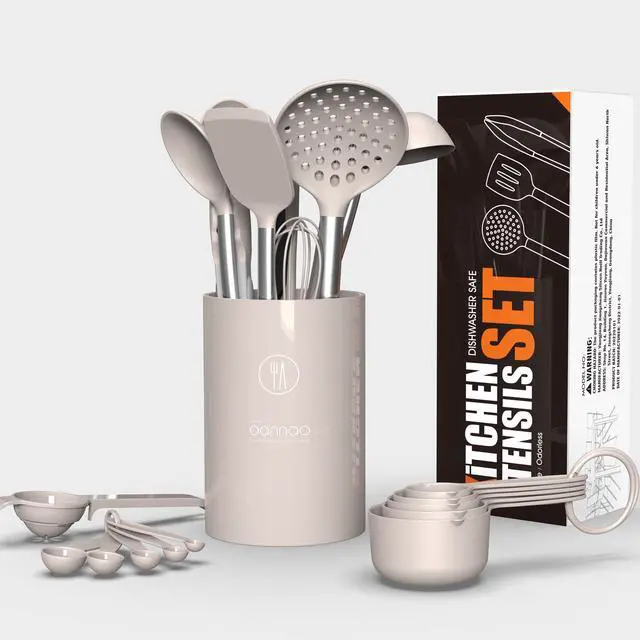 Alt view image 4 of 7 - Large Silicone Cooking Utensils Set - Heat Resistant Kitchen Utensils,Turner Tongs,Spatula,Spoon,Brush,Whisk,Stainless Steel Cooking Tool for Nonstick Cookware,Dishwasher Safe (Khaki)