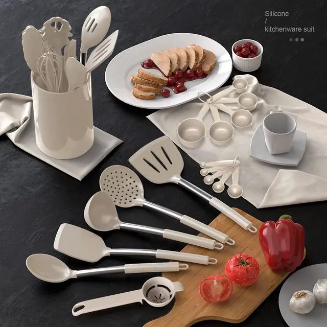 Alt view image 7 of 7 - Large Silicone Cooking Utensils Set - Heat Resistant Kitchen Utensils,Turner Tongs,Spatula,Spoon,Brush,Whisk,Stainless Steel Cooking Tool for Nonstick Cookware,Dishwasher Safe (Khaki)