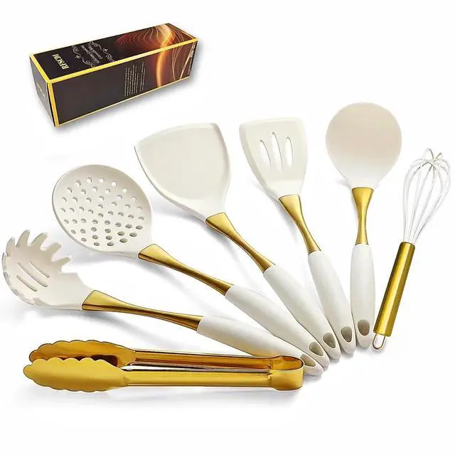 Main image of Elegant White Gold Silicone Cooking Utensils Set - Non-Toxic, Dishwasher Safe Kitchen Utensils Set with Heat Resistant Comfort Handles - Includes Spatula & Spoon for Nonstick Cookware