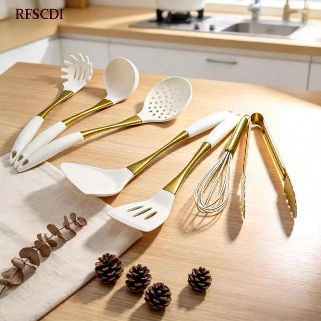 Alt view image 2 of 7 - Elegant White Gold Silicone Cooking Utensils Set - Non-Toxic, Dishwasher Safe Kitchen Utensils Set with Heat Resistant Comfort Handles - Includes Spatula & Spoon for Nonstick Cookware
