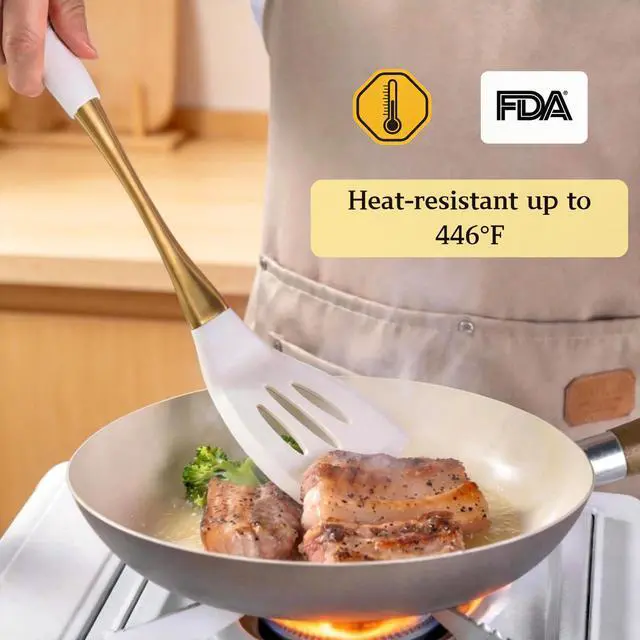 Alt view image 3 of 7 - Elegant White Gold Silicone Cooking Utensils Set - Non-Toxic, Dishwasher Safe Kitchen Utensils Set with Heat Resistant Comfort Handles - Includes Spatula & Spoon for Nonstick Cookware