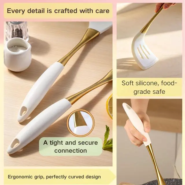Alt view image 6 of 7 - Elegant White Gold Silicone Cooking Utensils Set - Non-Toxic, Dishwasher Safe Kitchen Utensils Set with Heat Resistant Comfort Handles - Includes Spatula & Spoon for Nonstick Cookware