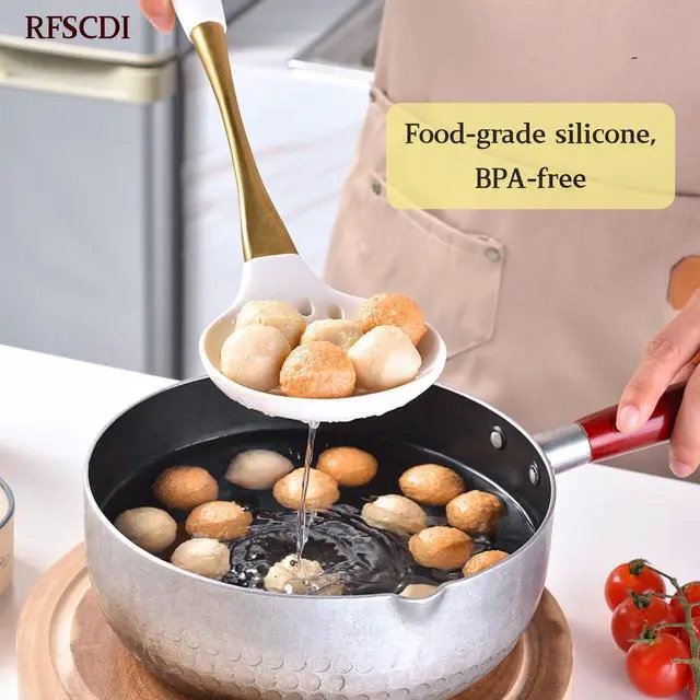 Alt view image 7 of 7 - Elegant White Gold Silicone Cooking Utensils Set - Non-Toxic, Dishwasher Safe Kitchen Utensils Set with Heat Resistant Comfort Handles - Includes Spatula & Spoon for Nonstick Cookware