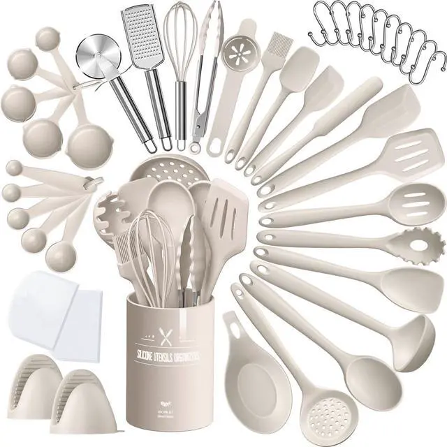 Main image of Silicone Kitchen cooking Utensils Set, 43 Pcs Heat Resistant Khaki Cooking Utensils Set, Turner, Tongs, Spoon, Spatula, Kitchen Gadgets Tools Set For Nonstick Cookware(Dishwasher, BPA Free)