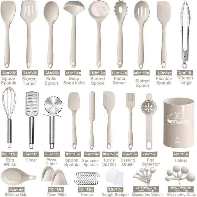 Alt view image 2 of 7 - Silicone Kitchen cooking Utensils Set, 43 Pcs Heat Resistant Khaki Cooking Utensils Set, Turner, Tongs, Spoon, Spatula, Kitchen Gadgets Tools Set For Nonstick Cookware(Dishwasher, BPA Free)