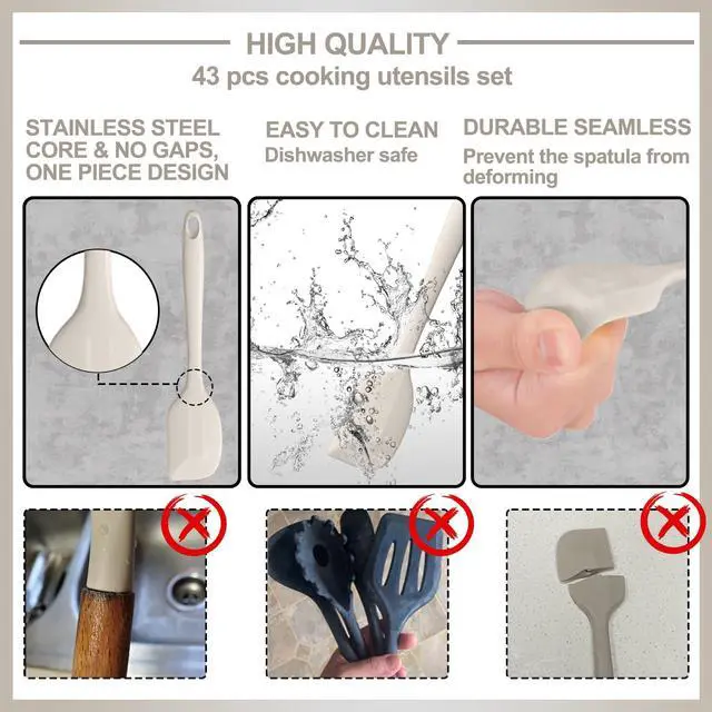 Alt view image 4 of 7 - Silicone Kitchen cooking Utensils Set, 43 Pcs Heat Resistant Khaki Cooking Utensils Set, Turner, Tongs, Spoon, Spatula, Kitchen Gadgets Tools Set For Nonstick Cookware(Dishwasher, BPA Free)