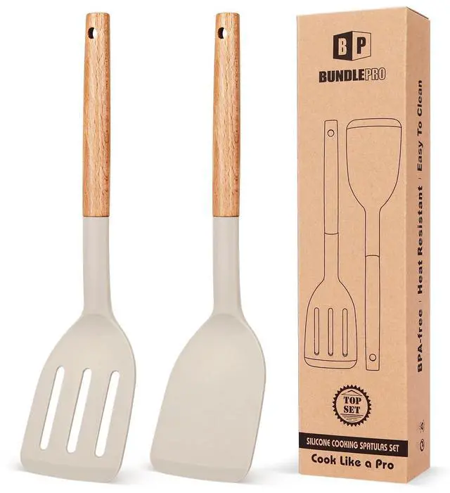 Main image of Pack of 2 Silicone Cooking Spatula, Heat Resistant Solid Turner, Non Stick Slotted Spatulas with Wooden Short Handle,Ideal Wood Kitchen Utensils Set for Frying, Baking, Flipping, Turning
