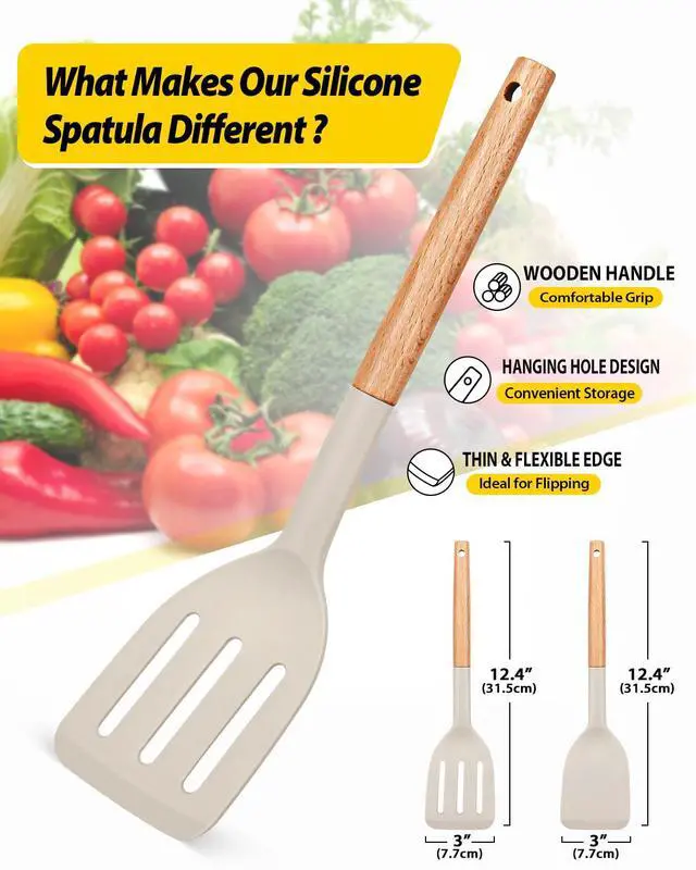 Alt view image 2 of 7 - Pack of 2 Silicone Cooking Spatula, Heat Resistant Solid Turner, Non Stick Slotted Spatulas with Wooden Short Handle,Ideal Wood Kitchen Utensils Set for Frying, Baking, Flipping, Turning