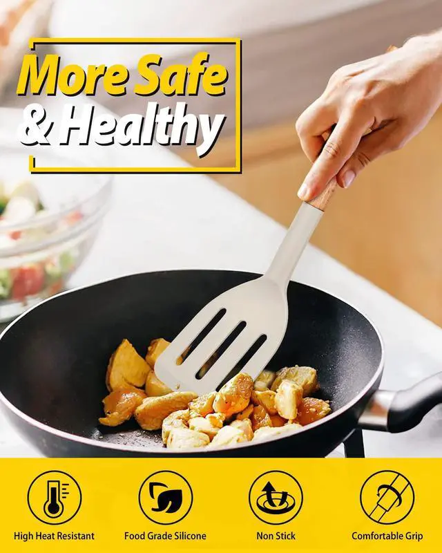 Alt view image 3 of 7 - Pack of 2 Silicone Cooking Spatula, Heat Resistant Solid Turner, Non Stick Slotted Spatulas with Wooden Short Handle,Ideal Wood Kitchen Utensils Set for Frying, Baking, Flipping, Turning