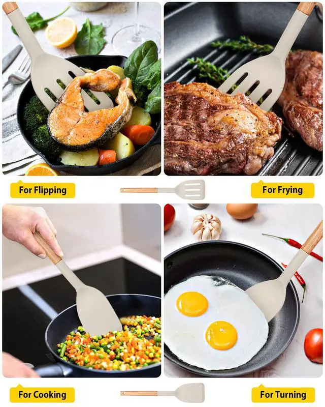 Alt view image 4 of 7 - Pack of 2 Silicone Cooking Spatula, Heat Resistant Solid Turner, Non Stick Slotted Spatulas with Wooden Short Handle,Ideal Wood Kitchen Utensils Set for Frying, Baking, Flipping, Turning