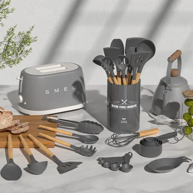 Alt view image 2 of 7 - Kitchen Cooking Utensils Set, 33 pcs Non-stick Silicone Spatula Set with Holder, Woodle Handle Heat Resistant Gadgets Utensil (Gray)