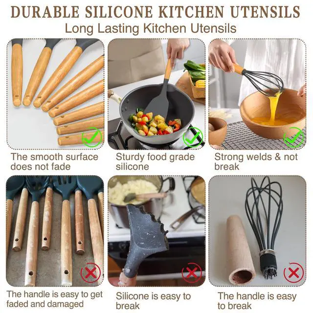 Alt view image 4 of 7 - Kitchen Cooking Utensils Set, 33 pcs Non-stick Silicone Spatula Set with Holder, Woodle Handle Heat Resistant Gadgets Utensil (Gray)