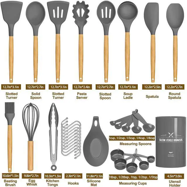 Alt view image 5 of 7 - Kitchen Cooking Utensils Set, 33 pcs Non-stick Silicone Spatula Set with Holder, Woodle Handle Heat Resistant Gadgets Utensil (Gray)