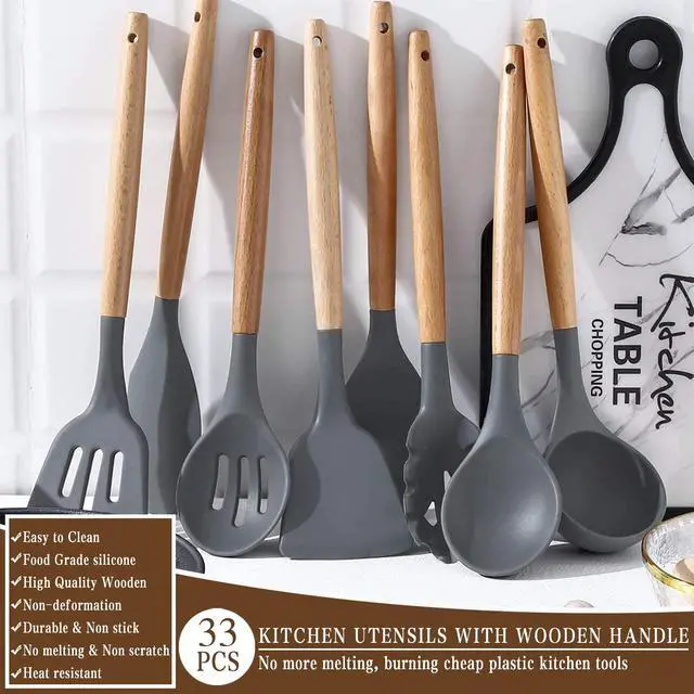 Alt view image 6 of 7 - Kitchen Cooking Utensils Set, 33 pcs Non-stick Silicone Spatula Set with Holder, Woodle Handle Heat Resistant Gadgets Utensil (Gray)