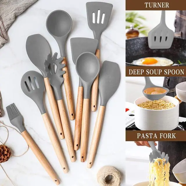 Alt view image 7 of 7 - Kitchen Cooking Utensils Set, 33 pcs Non-stick Silicone Spatula Set with Holder, Woodle Handle Heat Resistant Gadgets Utensil (Gray)