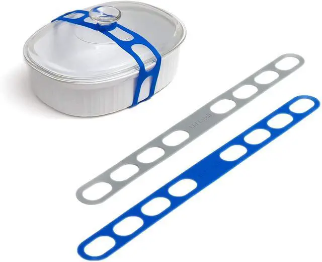 Main image of Lid Latch the reusable universal lid securing strap for crockpots, casserole dishes, pots, pans and more. Make it easy to transport your favorite dishes with one simple strap. (Polybag Blue/Grey)