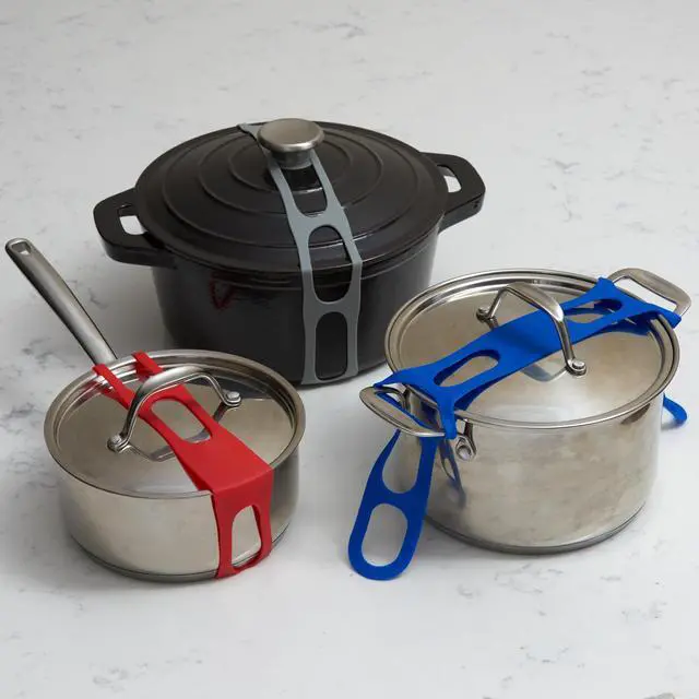 Alt view image 3 of 3 - Lid Latch the reusable universal lid securing strap for crockpots, casserole dishes, pots, pans and more. Make it easy to transport your favorite dishes with one simple strap. (Polybag Blue/Grey)