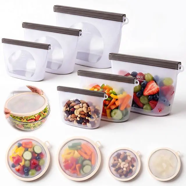 Main image of Silicone Food Storage Bags and Lids Set, 6 Pcs Reusable Leakproof Freezer Bags with 4 Stretch Bowl Covers, Airtight Meal Prep Bag, Microwave Dishwasher Freezer Safe 3 Sizes (500ml-2000ml)