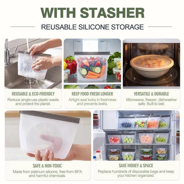 Alt view image 4 of 7 - Silicone Food Storage Bags and Lids Set, 6 Pcs Reusable Leakproof Freezer Bags with 4 Stretch Bowl Covers, Airtight Meal Prep Bag, Microwave Dishwasher Freezer Safe 3 Sizes (500ml-2000ml)