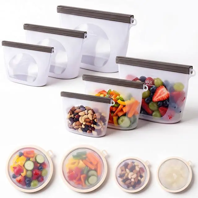 Alt view image 7 of 7 - Silicone Food Storage Bags and Lids Set, 6 Pcs Reusable Leakproof Freezer Bags with 4 Stretch Bowl Covers, Airtight Meal Prep Bag, Microwave Dishwasher Freezer Safe 3 Sizes (500ml-2000ml)