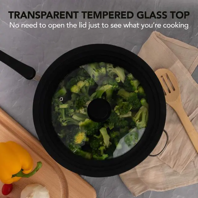Alt view image 5 of 7 - Large Silicone & Glass Universal Lid (10.5 to 12 Inches) - BPA-Free Silicone Lid with Stay Cool Handle & Tempered Glass Top - Dishwasher Safe - Universal Lid for Pots, Pans, Skillets, Cast Iron