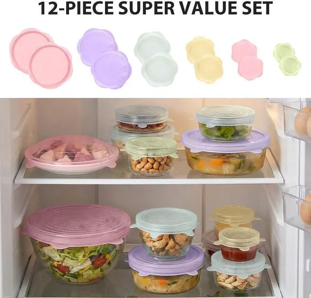 Alt view image 3 of 7 - 12 Pcs Silicone Stretch Lids, Reusable Silicone Bowl Covers for Food Storage, Microwave & Dishwasher Safe, Leak Proof Airtight Seal Tops for Cans, Cups, Jars