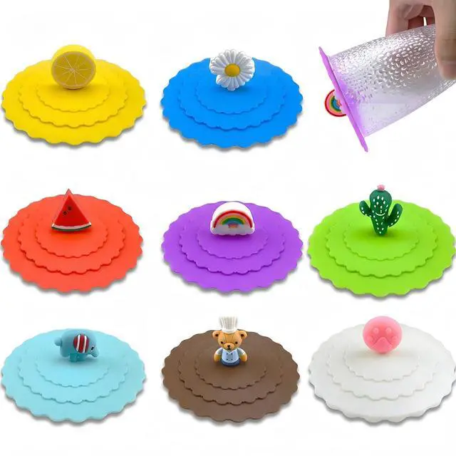 Main image of 8PCS Silicone Cup Lids Mug Cover, Colorful Food Grade Anti-dust Airtight Seal Lids with Fun Handle Design, Reusable Cute Silicone Cup Covers for Tea Cups Coffee Cups (Style 3)