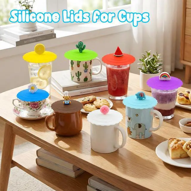 Alt view image 4 of 7 - 8PCS Silicone Cup Lids Mug Cover, Colorful Food Grade Anti-dust Airtight Seal Lids with Fun Handle Design, Reusable Cute Silicone Cup Covers for Tea Cups Coffee Cups (Style 3)