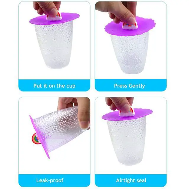 Alt view image 7 of 7 - 8PCS Silicone Cup Lids Mug Cover, Colorful Food Grade Anti-dust Airtight Seal Lids with Fun Handle Design, Reusable Cute Silicone Cup Covers for Tea Cups Coffee Cups (Style 3)