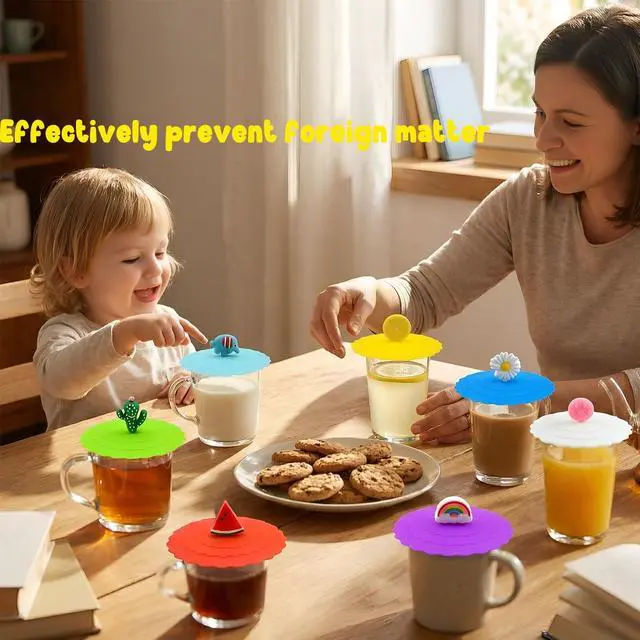 Alt view image 6 of 7 - 8PCS Silicone Cup Lids Mug Cover, Colorful Food Grade Anti-dust Airtight Seal Lids with Fun Handle Design, Reusable Cute Silicone Cup Covers for Tea Cups Coffee Cups (Style 3)