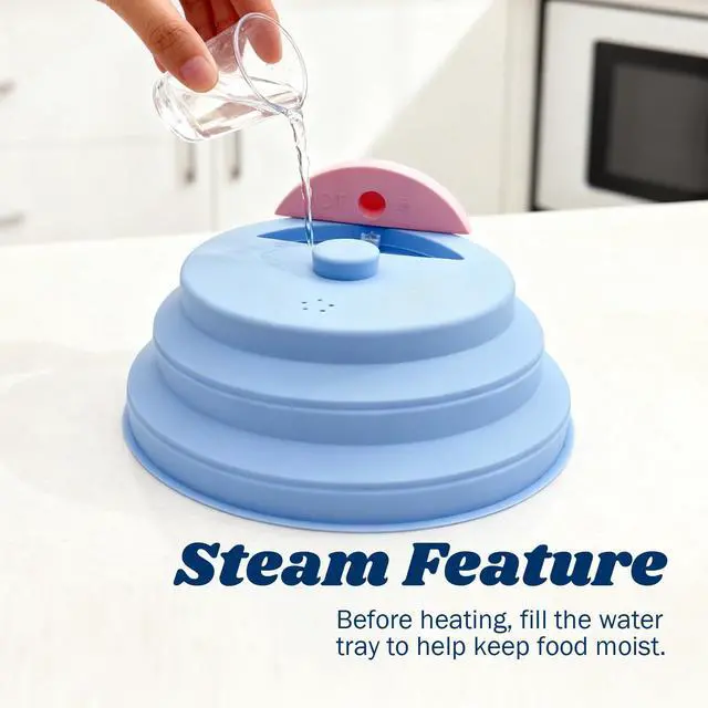 Alt view image 4 of 7 - 10 Inch Collapsible Silicone Microwave Splatter Cover with Water Steamer, BPA-Free Microwave Cover for Food, Vented Splatter Guard with Handle, Dishwasher Safe Kitchen Gadgets, Blue & Pink