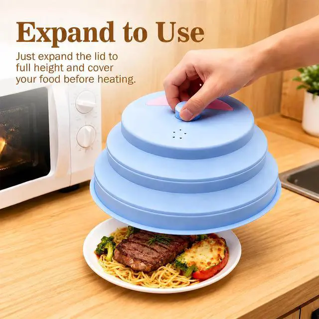 Alt view image 6 of 7 - 10 Inch Collapsible Silicone Microwave Splatter Cover with Water Steamer, BPA-Free Microwave Cover for Food, Vented Splatter Guard with Handle, Dishwasher Safe Kitchen Gadgets, Blue & Pink