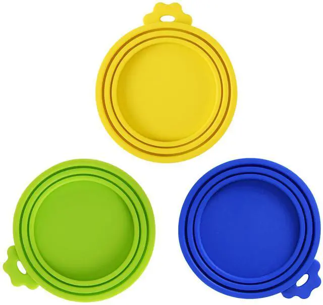 Main image of Cat Food Can Lids, Durable and Flexible Silicone Wet Pet Food Can Covers, Universal Fit Storage Toppers, Dishwasher-friendly, Yellow, Blue, Green, 4 x 3.5, 3 Pcs Per Pack