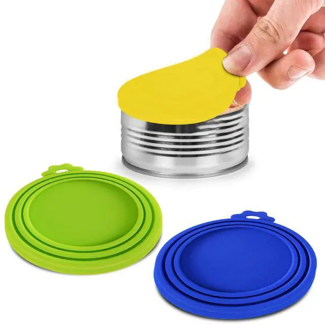 Alt view image 2 of 7 - Cat Food Can Lids, Durable and Flexible Silicone Wet Pet Food Can Covers, Universal Fit Storage Toppers, Dishwasher-friendly, Yellow, Blue, Green, 4 x 3.5, 3 Pcs Per Pack