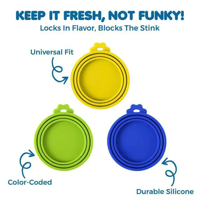 Alt view image 3 of 7 - Cat Food Can Lids, Durable and Flexible Silicone Wet Pet Food Can Covers, Universal Fit Storage Toppers, Dishwasher-friendly, Yellow, Blue, Green, 4 x 3.5, 3 Pcs Per Pack