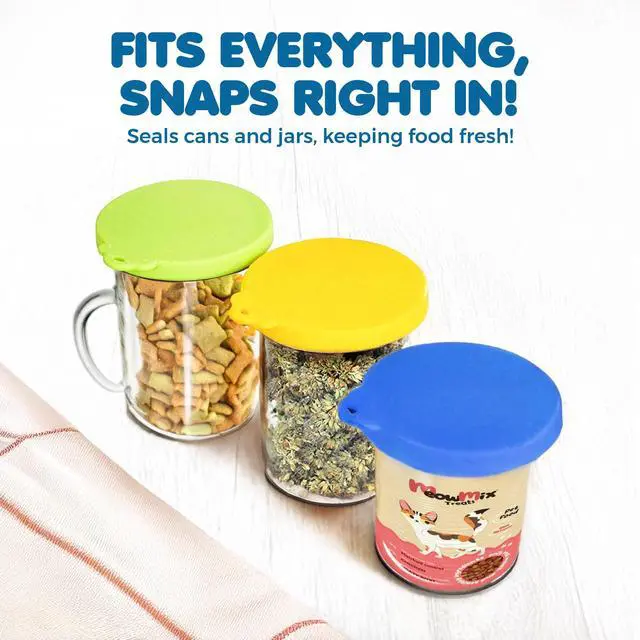 Alt view image 5 of 7 - Cat Food Can Lids, Durable and Flexible Silicone Wet Pet Food Can Covers, Universal Fit Storage Toppers, Dishwasher-friendly, Yellow, Blue, Green, 4 x 3.5, 3 Pcs Per Pack