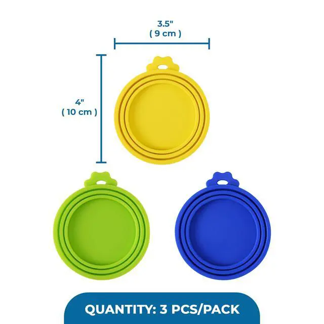 Alt view image 7 of 7 - Cat Food Can Lids, Durable and Flexible Silicone Wet Pet Food Can Covers, Universal Fit Storage Toppers, Dishwasher-friendly, Yellow, Blue, Green, 4 x 3.5, 3 Pcs Per Pack
