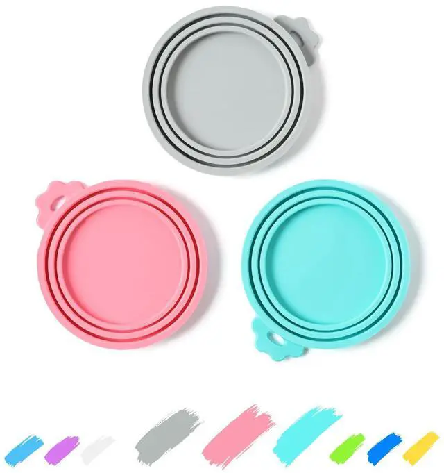 Main image of Food Can Covers, Silicone Lids, BPA Free, Dishwasher Safe, Fit Most Standard Size Canned Cat and Dog Food, 3oz/5.5oz/12.5oz/13.2oz, Cool Grey/Rose Pink/Turquoise