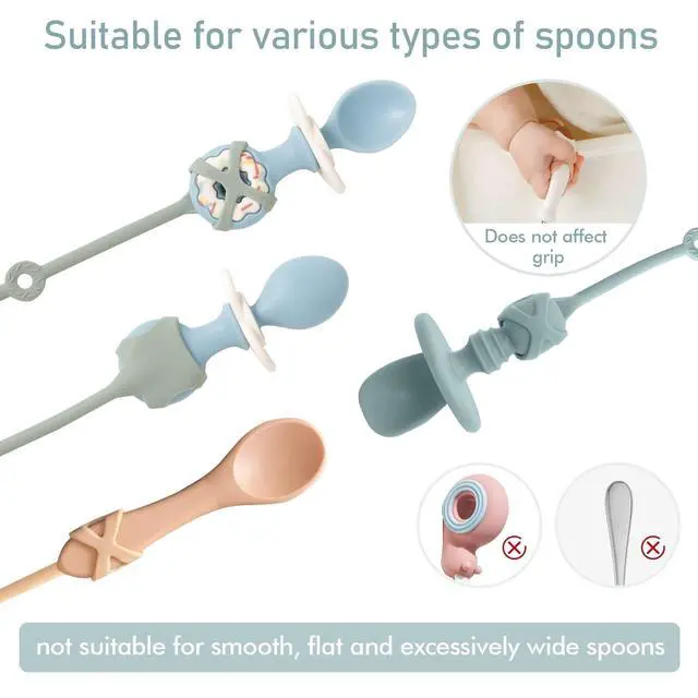 Alt view image 4 of 6 - Toddler UtensilsSilicone Stretch Lids for Fork and Spoon,Holder Strap Food Grade Silicone Keep Fork and Spoon Off The Floor Great for Baby and Kids Dishwasher Safe(Green and Blue)