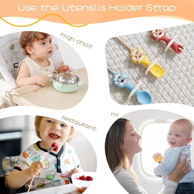 Alt view image 6 of 6 - Toddler UtensilsSilicone Stretch Lids for Fork and Spoon,Holder Strap Food Grade Silicone Keep Fork and Spoon Off The Floor Great for Baby and Kids Dishwasher Safe(Green and Blue)