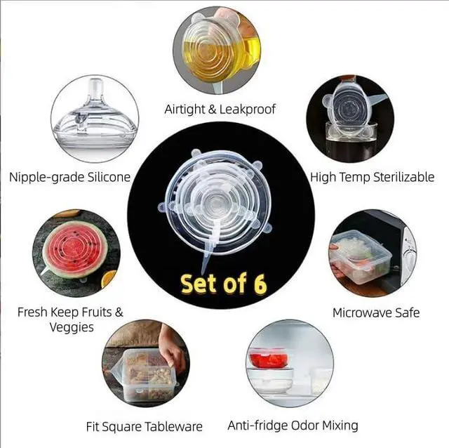 Alt view image 5 of 7 - Silicone Stretch Lids 6 Pack, Reusable Food Storage Covers, Clear & Blue, Fits All Containers, Microwave & Dishwasher Safe (White)