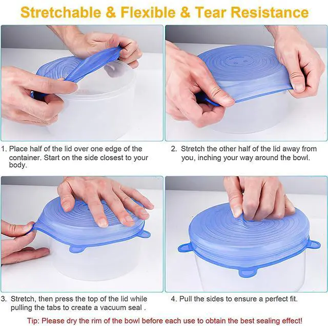 Alt view image 5 of 7 - Silicone Stretch Lids 6 Pack, Reusable Food Covers in 6 Sizes (20.5/16.5/14.5/11.5/9.6/6.6 cm), BPA Free Airtight Leakproof Bowl Lids, Microwave Freezer Dishwasher Safe Flexible Round Silicone Covers